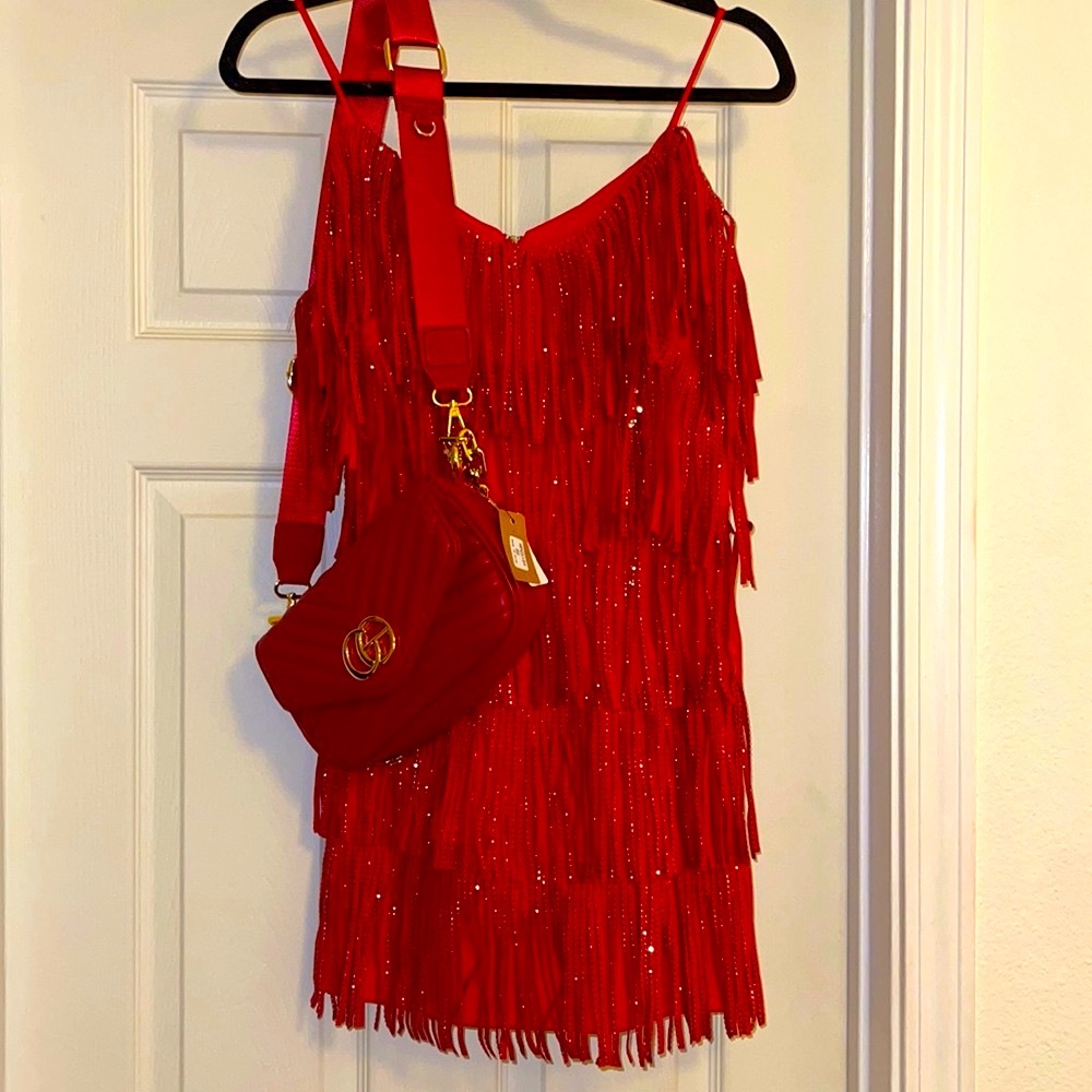 🍀BOGO50🍀 🆕❤️🔥 Rhinestone Fringe Faux Leather Mini Dress - Picture 6 of 11